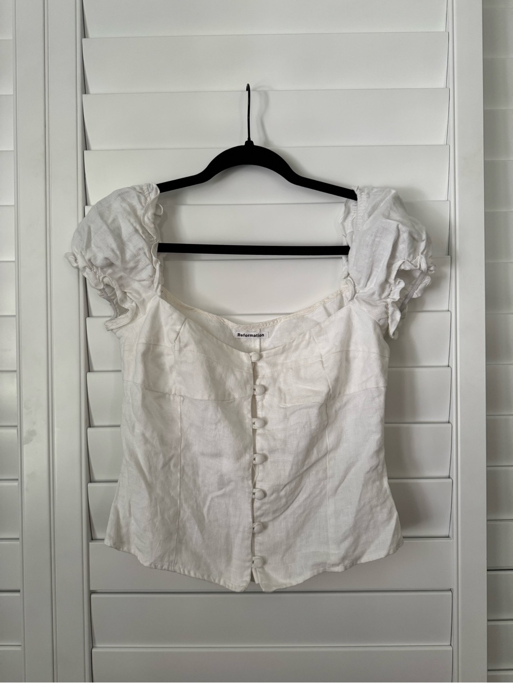 Reformation Cream Puff-Sleeve Linen Button-Front Top